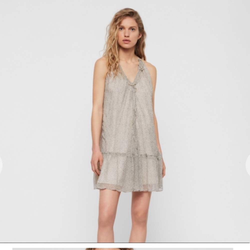 All Saints Dress. Tan and black fawn pattern, lined, excellent condition. Sz M.